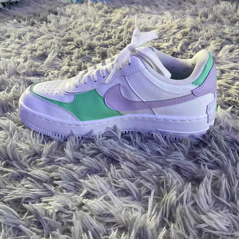 Nike Air forces, size: 8.5, green and purple